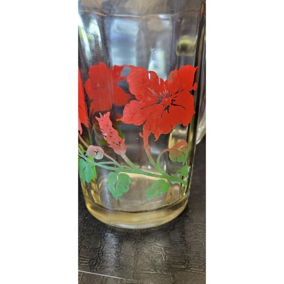 Vintage Heavy Glass Panel Red and Green Floral Pattern Tea Pitcher - Picture 9 of 9